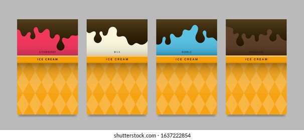 Ice cream brochure design in iced waffle cone. Sweet dessert of different tastes. Vector illustration.