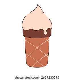 Ice cream in a brown waffle cone on a white background. The food icon.