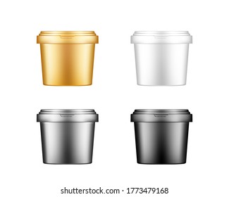 Ice cream bucket with cap mockups. Plastic package design. Blank gold, silver, black and white food or decor product container template: mayonnaise, yogurt, paint or putty. 3d vector illustration