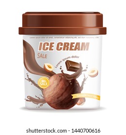 Ice cream bucket isolated Vector realistic. Chocolate flavor Detailed 3d illustration