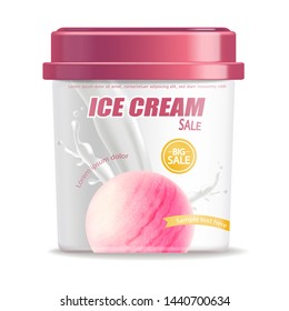 Ice cream bucket isolated Vector realistic. Berry fruits flavor Detailed 3d illustration
