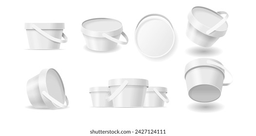 Ice Cream Bucket Mockup Set. Isolated 3d Vector Templates Showcasing White Plastic Containers In Various Angles