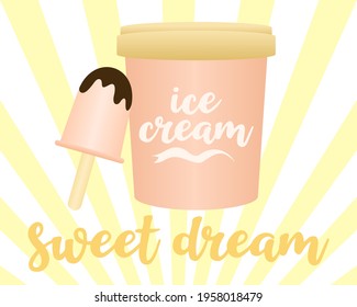 Ice cream bucket, popsicle and melting chocolate, logo design. Sweet food, food, meal and cafe, vector design and illustration