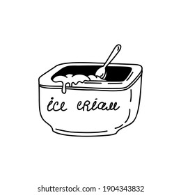 Ice cream bucket and spoon. Cold dessert. Linear doodle style. Vector on isolated white background. For printing on cards, invitations, tattoos, fashion design.