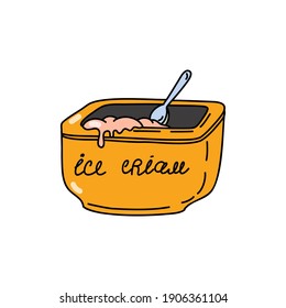 Ice cream bucket and spoon. Cold dessert. Linear colored doodle style. Vector on isolated white background. For printing on cards, invitations, tattoos, fashion design.