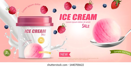 Ice cream bucket Vector realistic mock up. Product placement. Label design advertise template. Berry fruits flavor Detailed 3d illustration