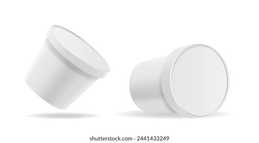 Ice Cream Buckets Side View Mockup, Feature High-resolution Templates of Realistic White Plastic Containers for Branding