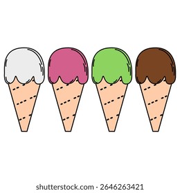 Ice cream bundle with four various flavor including chocolate, matcha, vanilla and strawberry with it's crunch delicious cone. 