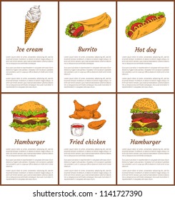 Ice cream and burrito posters set. Hot dog with tomatoes and sausage, hamburger and bun. Fried chicken served with sauce fast food vector illustration