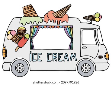 Ice cream bus in doodle style. Hand Drawn. Ice cream business.	