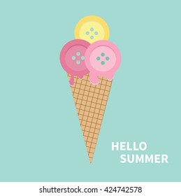 Ice cream with buttons. Hello summer Greeting card Flat design Blue background Vector illustration