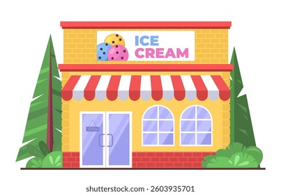 Ice cream cafe building on isolated background. Vector illustration in a flat style