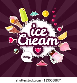 Ice Cream Cafe Cartoon Label. Coffee and Sweets. Cafe Design Template. Vector illustration