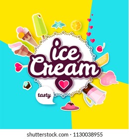 Ice Cream Cafe Cartoon Label. Coffee and Sweets. Cafe Design Template. Vector illustration