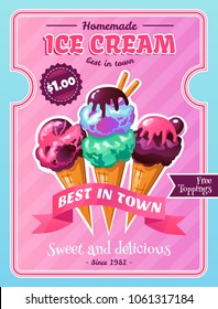 Ice cream cafe homemade desserts advertisement poster with delicious cones and chocolate toppings pink background vector illustration 