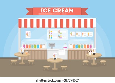 Ice cream cafe interior. Counter with ice cream menu and tables for people.