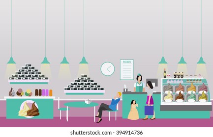 Ice cream cafe interior vector illustration. Design of coffee shop, bakery, restaurant and bar. People in cafe cartoon in flat style. Horizontal banner.