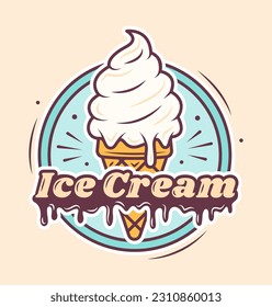 Ice Cream Cafe Logo Cartoon Design. Eiscreme in einem Waffelkegel mit Text. Vorlage. Vektorgrafik