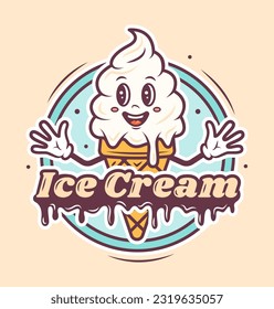 Logo de un café helado, diseño de dibujos animados de personajes bonitos. Helado en un cono de gofre con un texto. Plantilla. Ilustración del vector