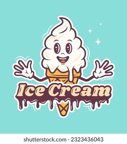 Ice cream cafe logo, cute character cartoon design. Ice cream in a waffle cone with a text. Template. Vector illustration