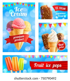 Ice cream cafe poster or advertising banner template for shop or gelateria cafeteria. Vector 3D ice cream sweet dessert of fruit frozen juice ice, berry taste sundae in chocolate glaze and ribbon flag