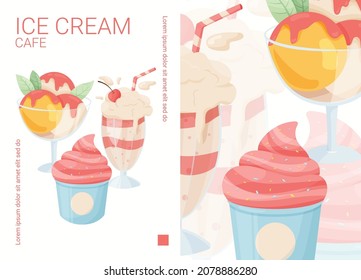 Ice cream cafe poster design. Different ice creams, in a glass, in the waffle cone, milkshake. Cartoon illustration for restaurant, cafe, confectionery, or website design.