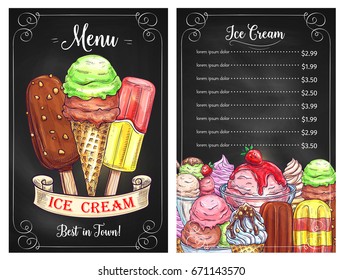 Ice cream cafe or restaurant price menu template. Vector design of frozen desserts, ice cream scoops in wafer cones, sundae and chocolate glaze eskimo or caramel waffles with berry and fruit topping