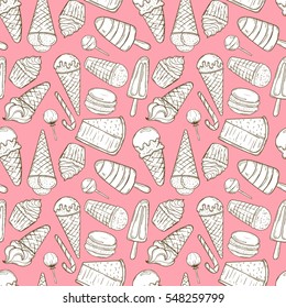 Ice cream, cake, candy and other sweets seamless pattern, doodle