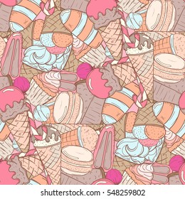 Ice cream, cake, candy and other sweets seamless pattern, doodle