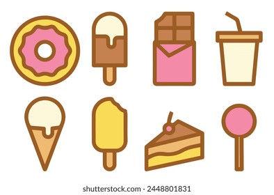 Ice cream, cake, chocolate and drink icons color vector