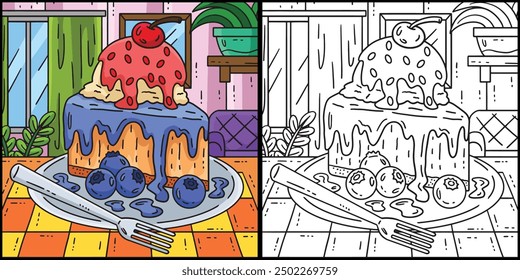 Ilustración coloreada de la página para colorear de la torta de helado