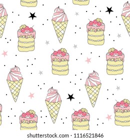 Ice cream and cake on white background vector seamless pattern