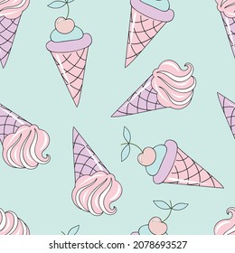 Ice cream cake. Seamless pattern: pastel colors kids food dessert baked goods fairytale fashion kids decoration cafe shop. Vector image. 