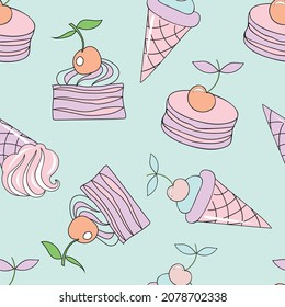 Ice cream cake. Seamless pattern: pastel colors kids food dessert baked goods fairytale fashion kids decoration cafe shop. Vector image. 