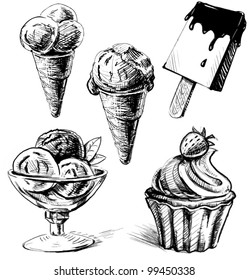 Ice cream and cake set. Hand drawing sketch vector illustration