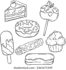 Ice cream, cake, vector illustration on your canvas, black and white, line vector