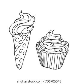 Ice cream and cake vector illustration. Doodle style. Design icon, print, logo, poster, symbol, decor, textile, paper, card. 