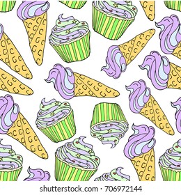 Ice cream and cake vector illustration. Doodle style. Design icon, print, logo, poster, symbol, decor, textile, paper, card. 