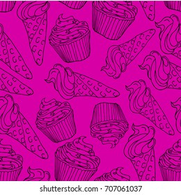 Ice cream and cake vector illustration. Doodle style. Design icon, print, logo, poster, symbol, decor, textile, paper, card. 