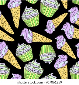Ice cream and cake vector illustration. Doodle style. Design icon, print, logo, poster, symbol, decor, textile, paper, card. 