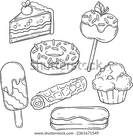 Ice cream, cake, vector illustration on your canvas, black and white, line vector