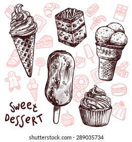 Ice cream and cakes sweets sketch set isolated vector illustration