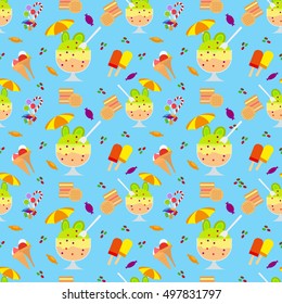 Ice cream and candies seamless pattern on blue background vector illustration