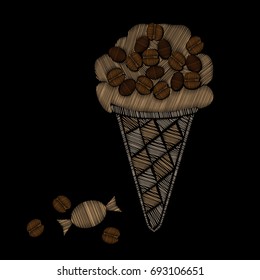 Ice cream with candy and coffee grain embroidery stitches imitation. Fashion embroidery ice cream on black background. Embroidery food vector.