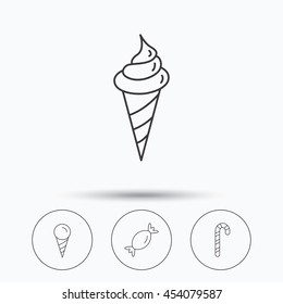 Ice cream, candy icons. Sweets linear sign. Linear icons in circle buttons. Flat web symbols. Vector