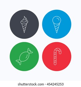 Ice cream, candy icons. Sweets linear sign. Linear icons on colored buttons. Flat web symbols. Vector