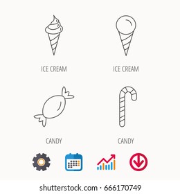 Ice cream, candy icons. Sweets linear sign. Calendar, Graph chart and Cogwheel signs. Download colored web icon. Vector