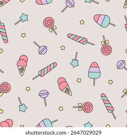 Sorvete e doce padrão sem costura. Pirulito colorido de desenhos animados de verão e sorvete. Sobremesa doce deserto para tecido, embalagem, têxtil, cartão, artigos de papelaria, e casos de telefone.