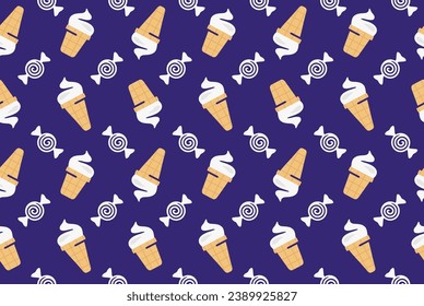 Ice cream with candy seamless vector background. Ice cream in waffle cup and cones with candy pattern
