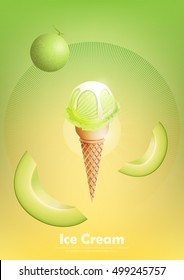 Ice cream cantaloupe melon in the cone, Pour milk syrup and a lot of cantaloupe melon background, transparent Vector